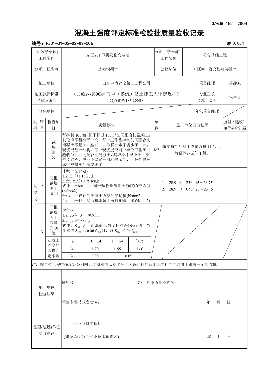 c箱变基础混凝土强点度评定标准检验批质量验收记录.doc_第1页