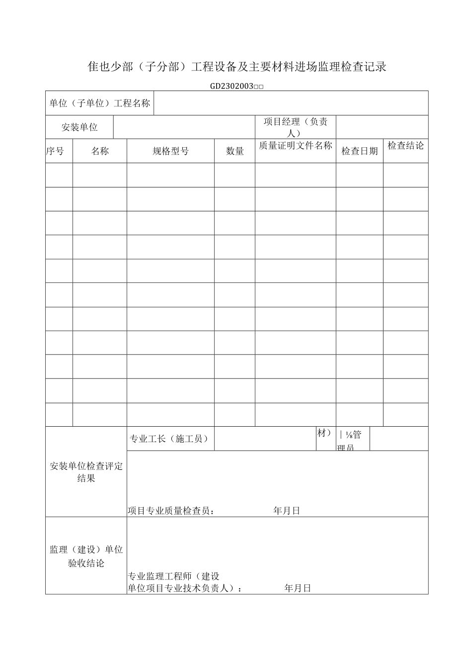 分部（子分部）工程设备及主要材料进场监理检查记录工程文档范本.docx_第1页