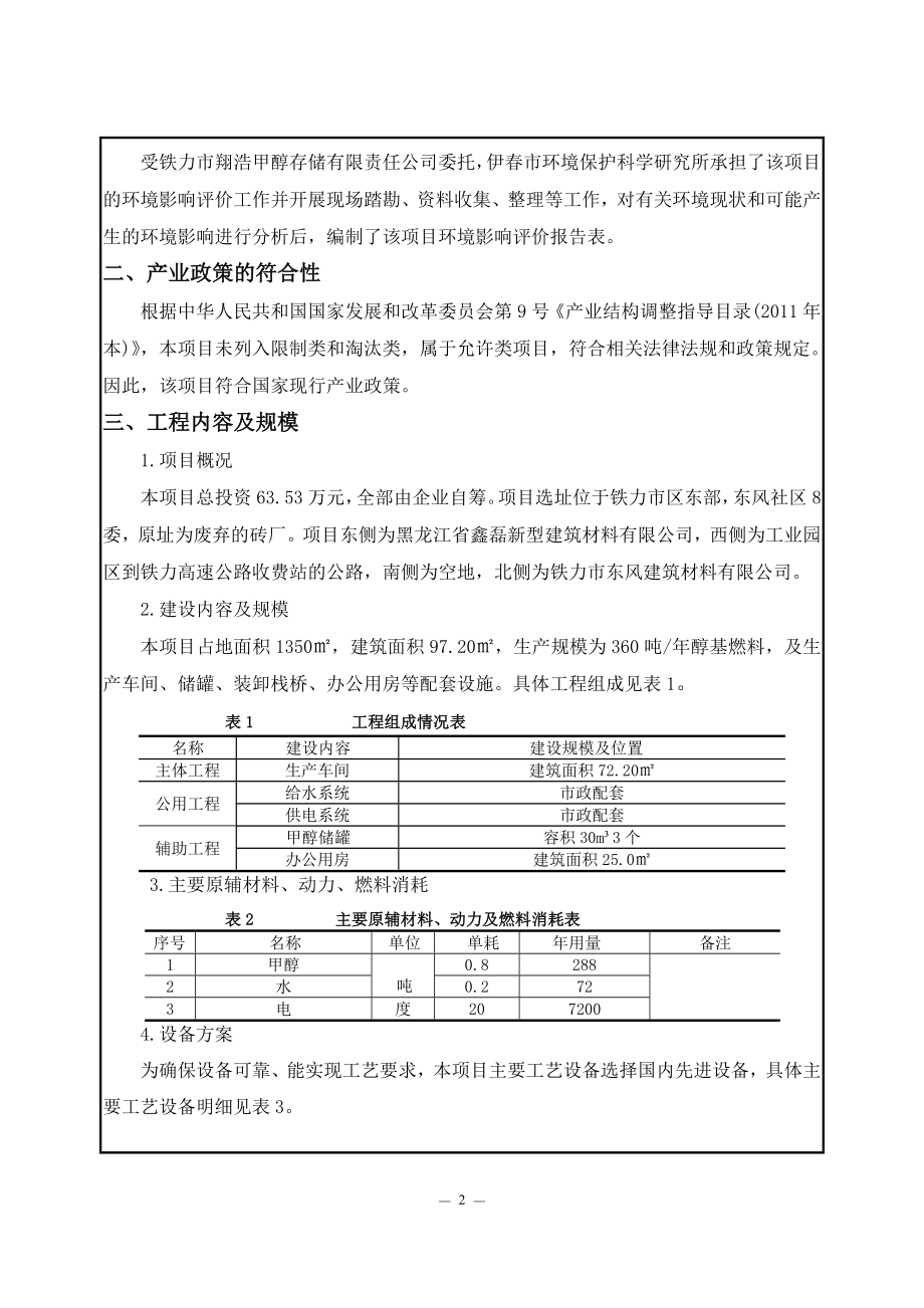 环评报告模版 1年分装360吨醇基燃料项目铁力市区东部东风社区8委铁力市翔浩甲醇存储有限责任公司伊市环境保护局1月19日年分装360吨醇基燃料项目环境影响报告表3621.doc_第2页