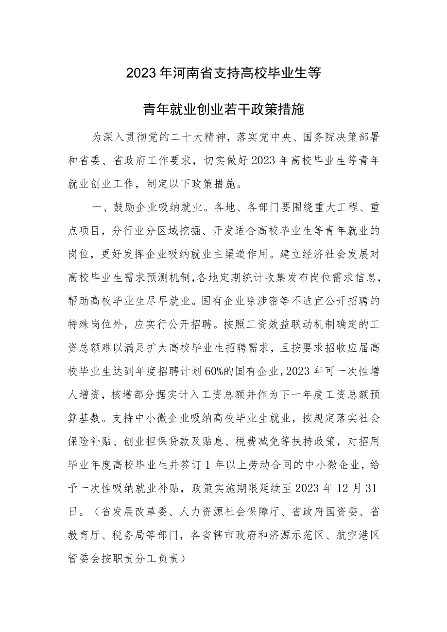 2023年河南省支持高校毕业生等青年就业创业若干政策措施.docx_第1页