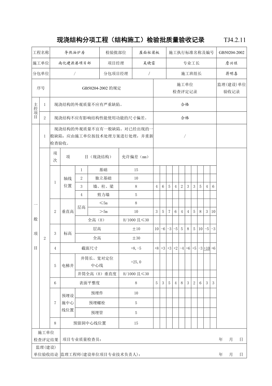 现浇结构分项工程(结构施工)检验批质量验收记录(导热油炉房屋面柱梁板模板拆除).doc_第1页