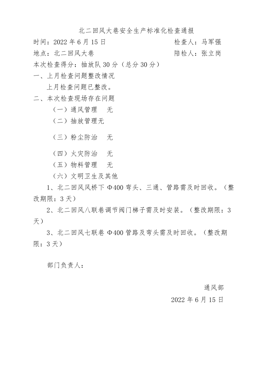 北二回风大巷标准化检查问题6月15日.docx_第1页