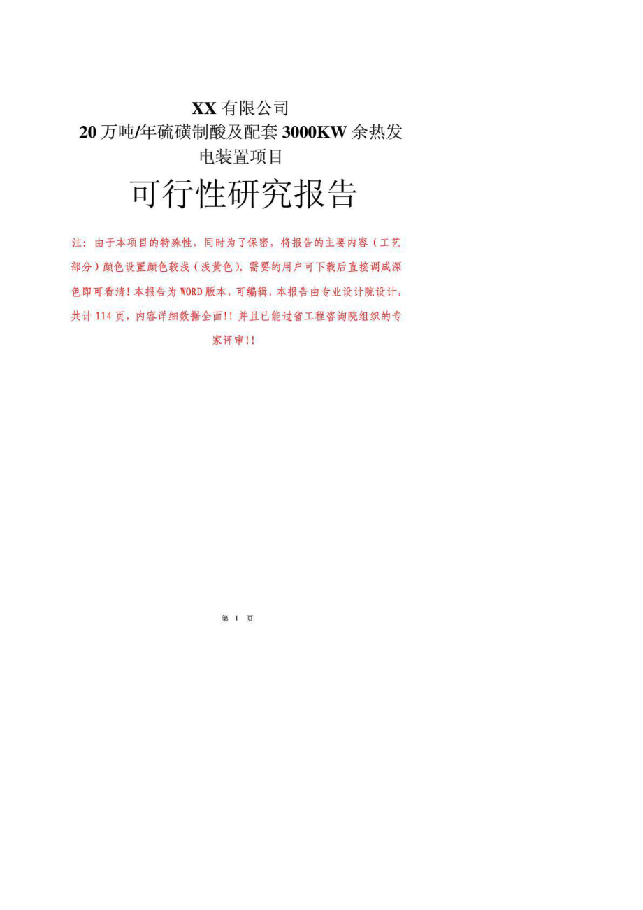 某公司20万吨年硫磺制酸及配套3000kw余热发电装置工程可研报告书.doc_第1页