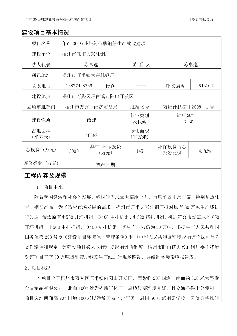 旺甫大新轧钢厂年产30万吨热轧带肋钢筋生产线改建项目环评报告表.doc_第1页