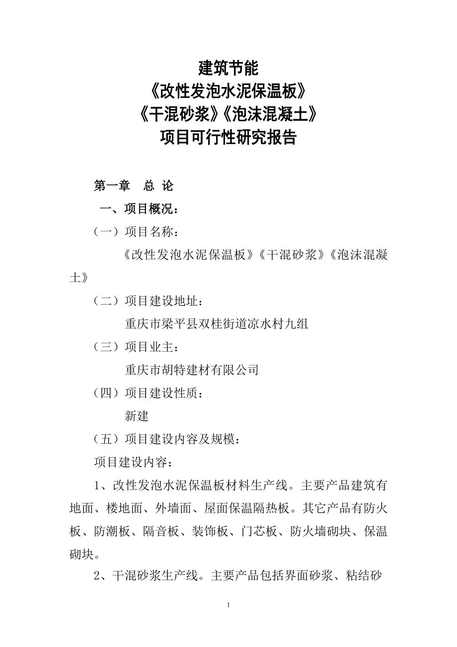 建筑节能改发泡水泥保温板干混砂浆泡沫混凝土项目可行研究报告.doc_第1页