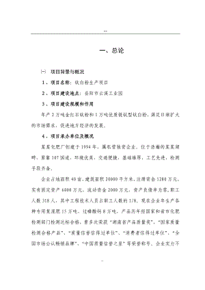 某某公司钛白粉生产项目可行性研究报告页优秀甲级资质可研报告.doc