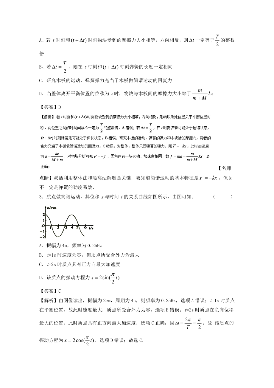 高考物理一轮复习 专题50 简谐运动及其描述 单摆 受迫振动和共振测含解析1..doc_第2页