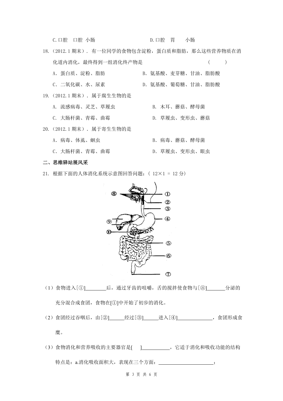 4第四章生物的营养第二节人和动物的营养单元检测2月21日[精选文档].doc_第3页