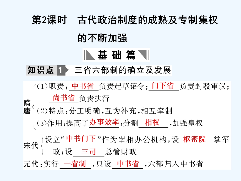 【创新设计】2011年高三历史一轮复习 第2课时 古代政治制度的成熟及专制集权的不断加强课件 岳麓版必修1.ppt_第1页