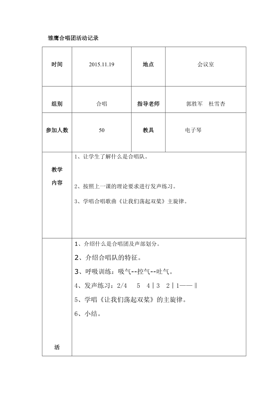 最新辛店镇实验学校雏鹰合唱团第三次活动记录及照片汇编.docx_第1页