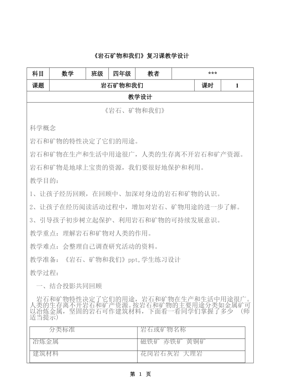 岩石矿物和我们复习课教学设计.doc_第1页