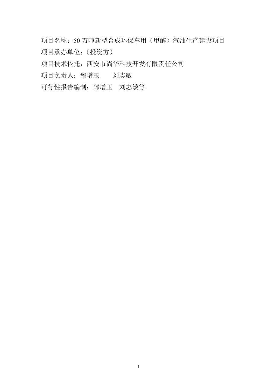 50万吨新型合成环保车用甲醇汽油生产建设项目 可行性研究报告.doc_第1页