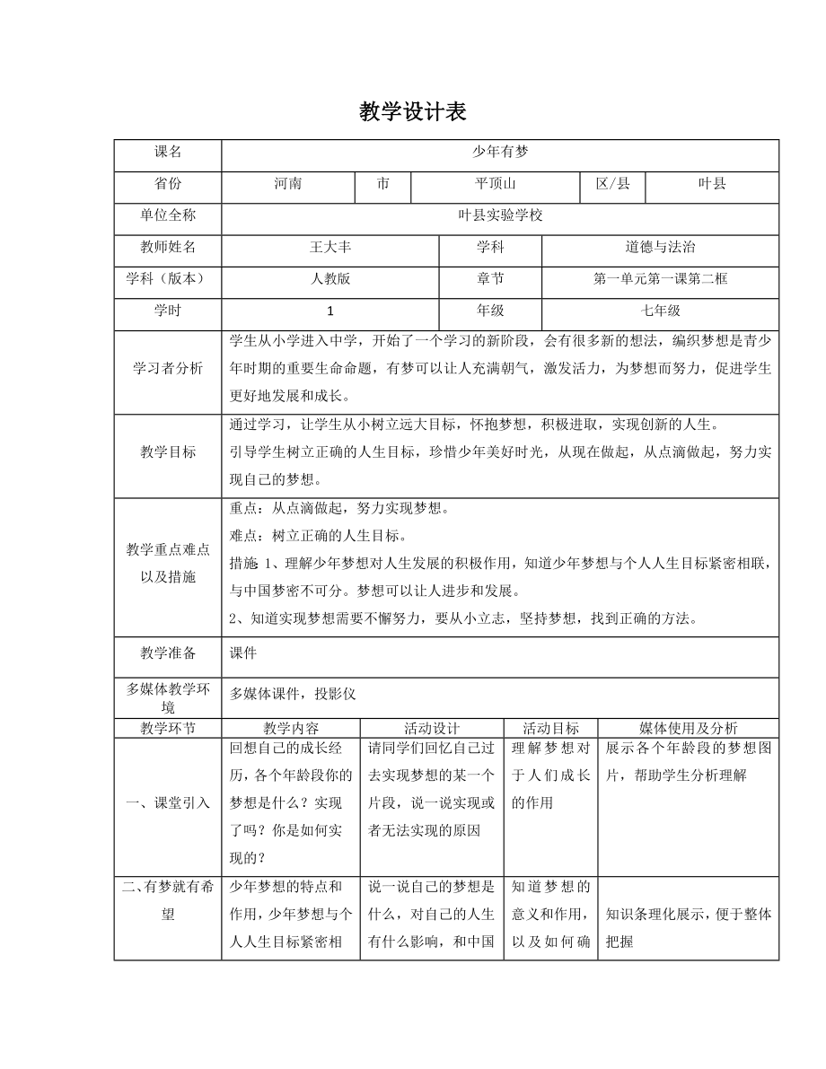 教学设计少年有梦.doc_第1页