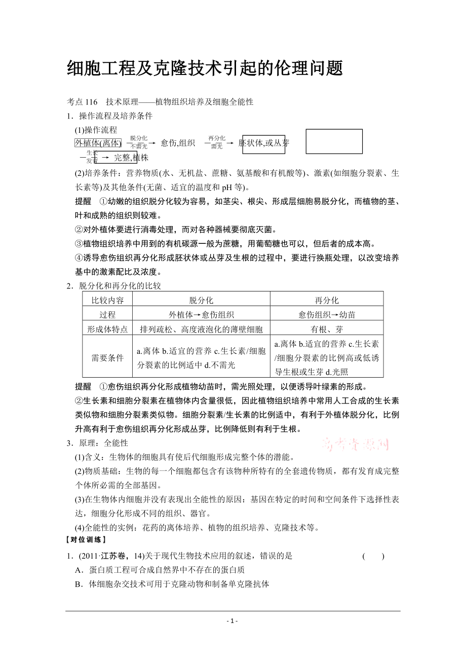 复习教案：细胞工程及克隆技术引起的伦理问题.doc_第1页