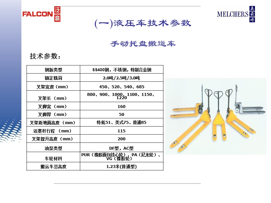 一液压车技术参数手动托盘搬运车.ppt_第1页