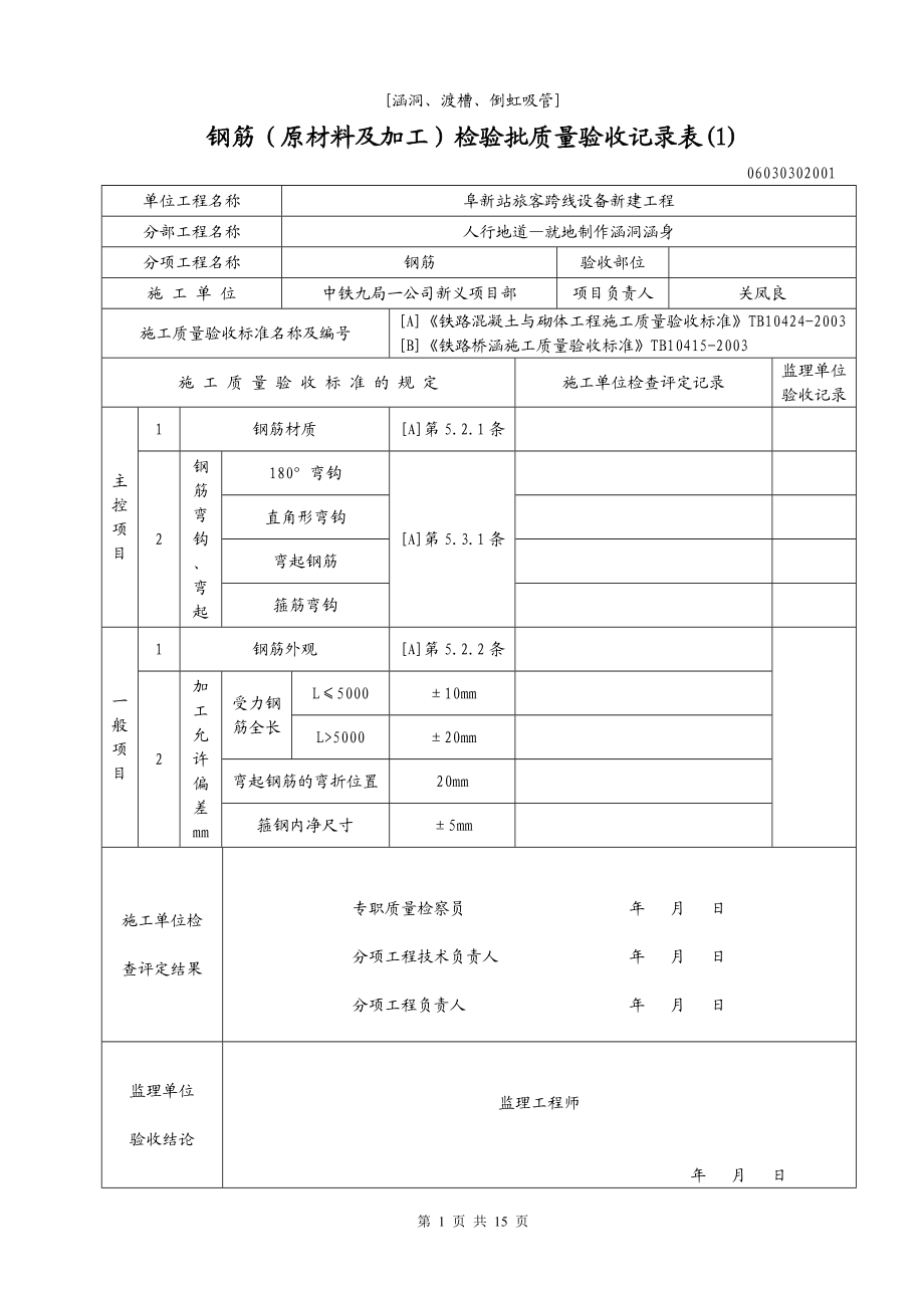 yt[涵洞、渡槽、倒虹吸管]钢筋(原材料及加工)检验批质量验收记录表.doc_第1页