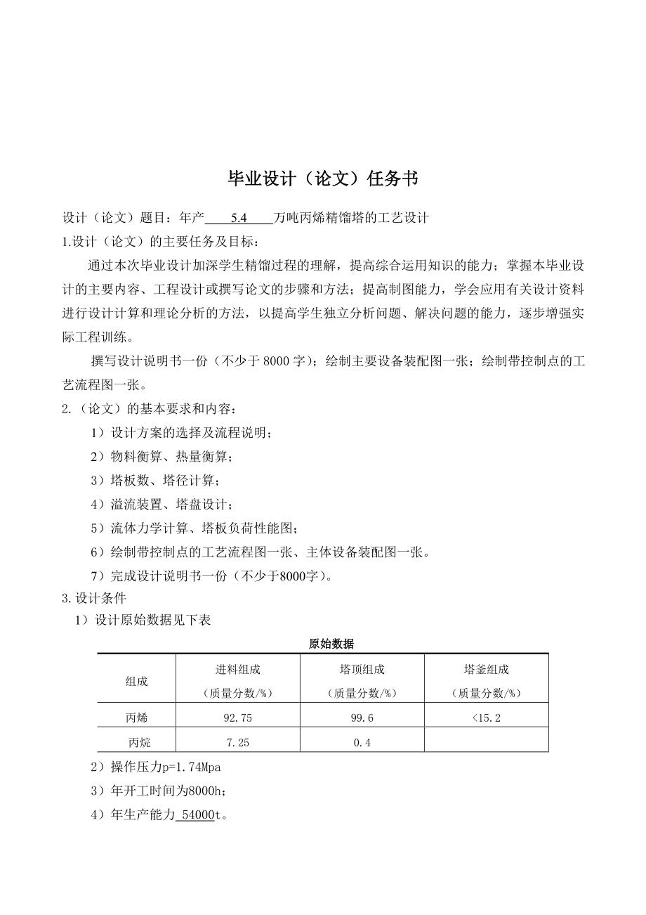 毕业设计论文年产量为5.4万吨丙烯的精馏工艺装置设计.doc_第1页