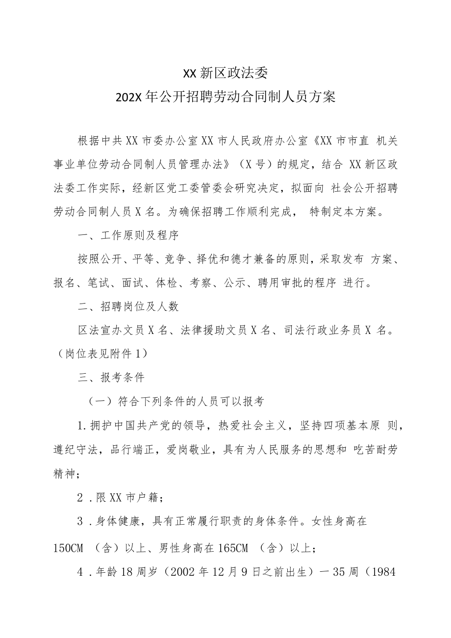 XX新区政法委202X年公开招聘劳动合同制人员方案.docx_第1页