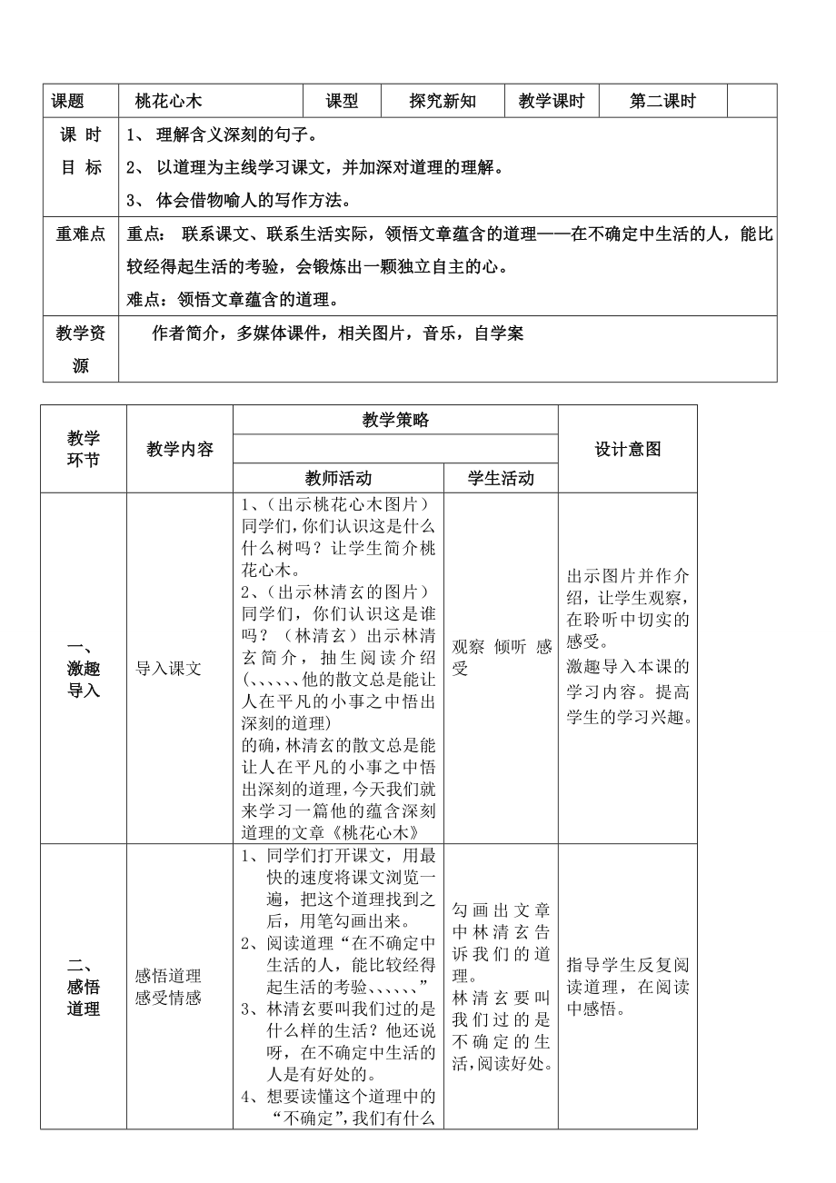 六下第三课桃花心木第二课时教学设计.doc_第1页