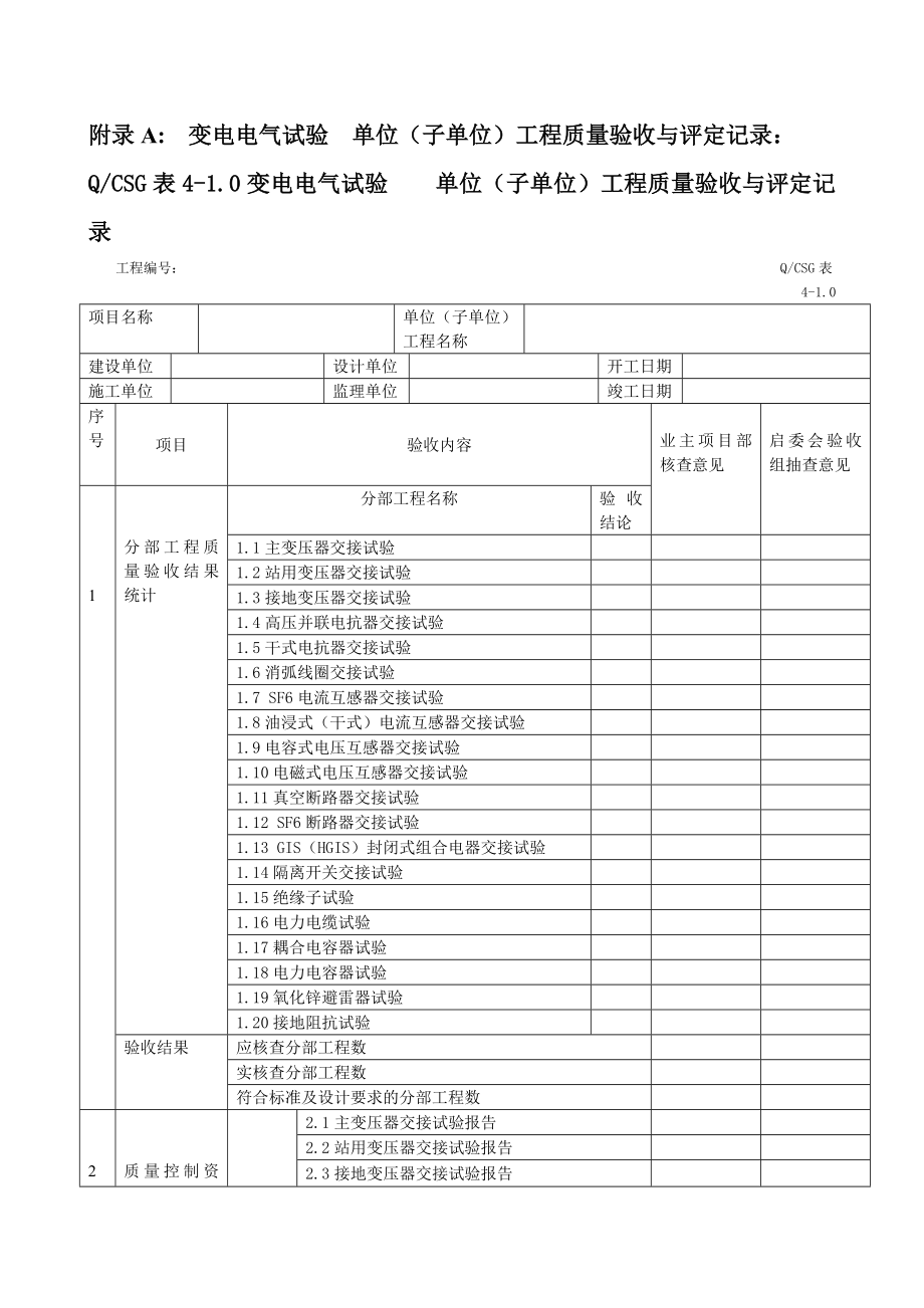 xl10kv～500kv输变电及配电工程质量验收与评定标准()变电电气试验验评表.doc_第1页