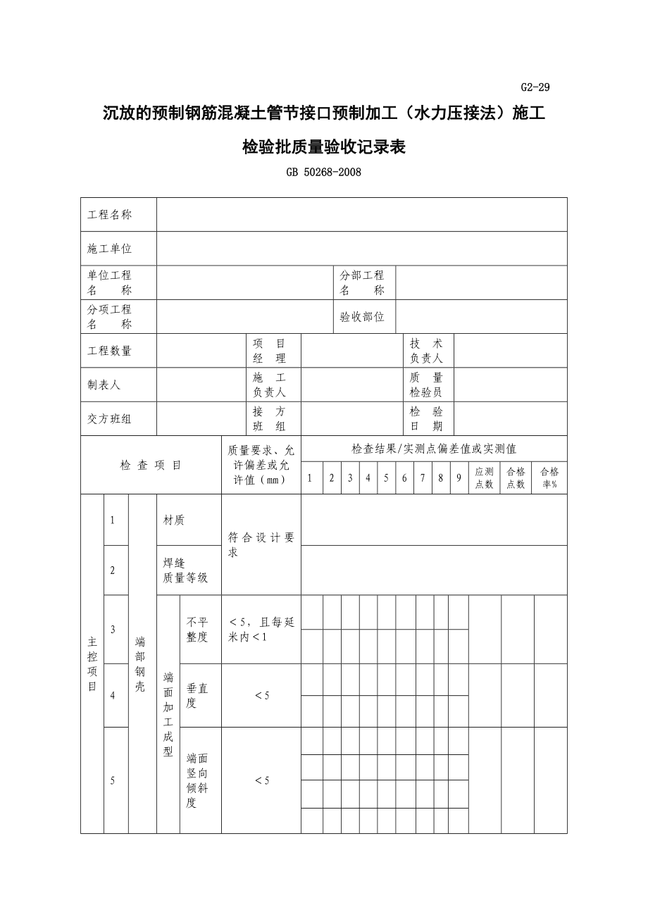 g229 沉放的预制钢筋混凝土管节接口预制加工(水力压接法)施工检验批质量验收记录.doc_第1页