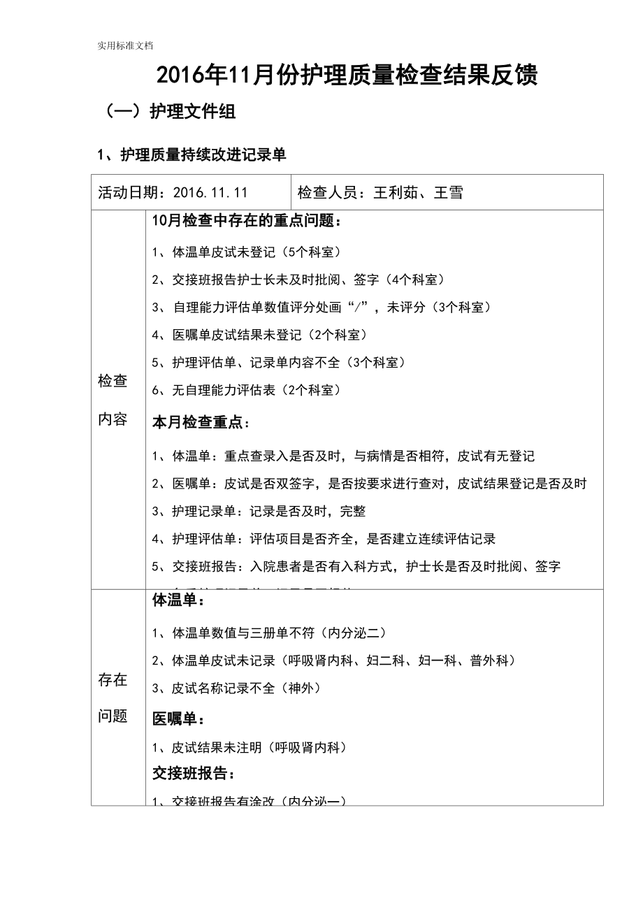 2016年11月份护理高质量检查结果反馈.docx_第1页