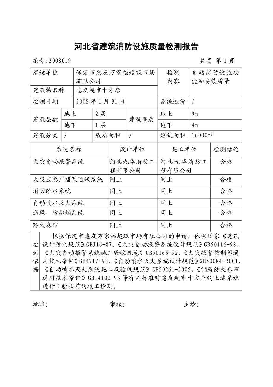 NO ：019 自动消防设施 检 测 报 告 受检单位：保定市惠友万家福 .doc_第2页