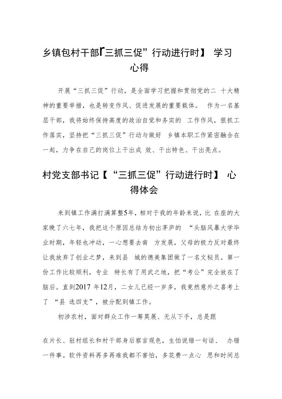 乡镇包村干部【“三抓三促”行动进行时】学习心得合篇【三篇】.docx_第1页