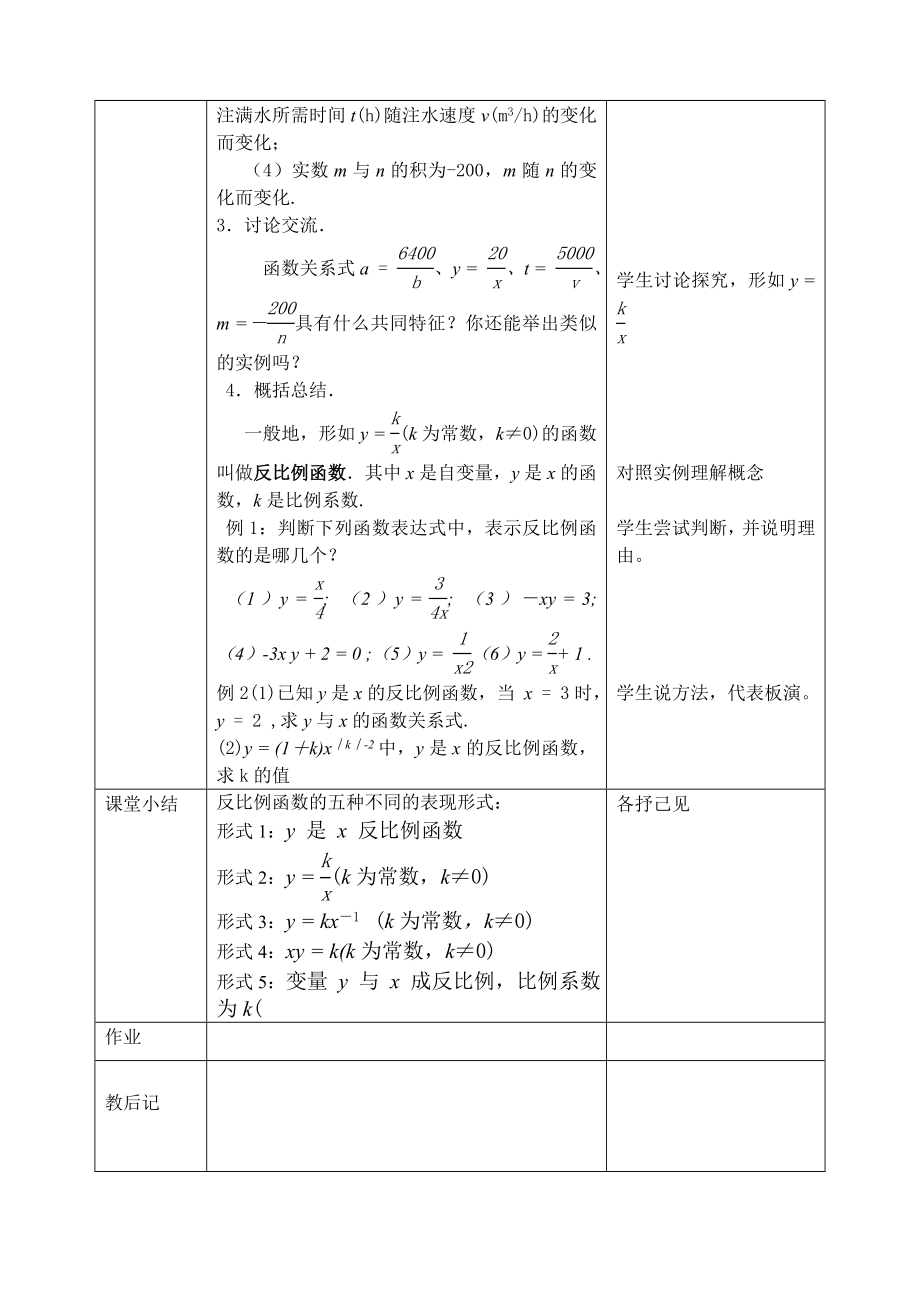 第九章反比例函数全章节教案(表格式).doc_第2页