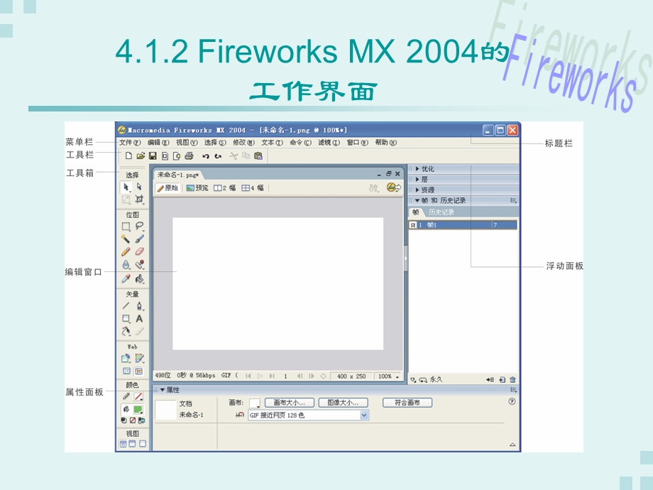 951本章学习目标 了解Fireworks MX 2004的功能、特点以及工作界面.ppt_第3页