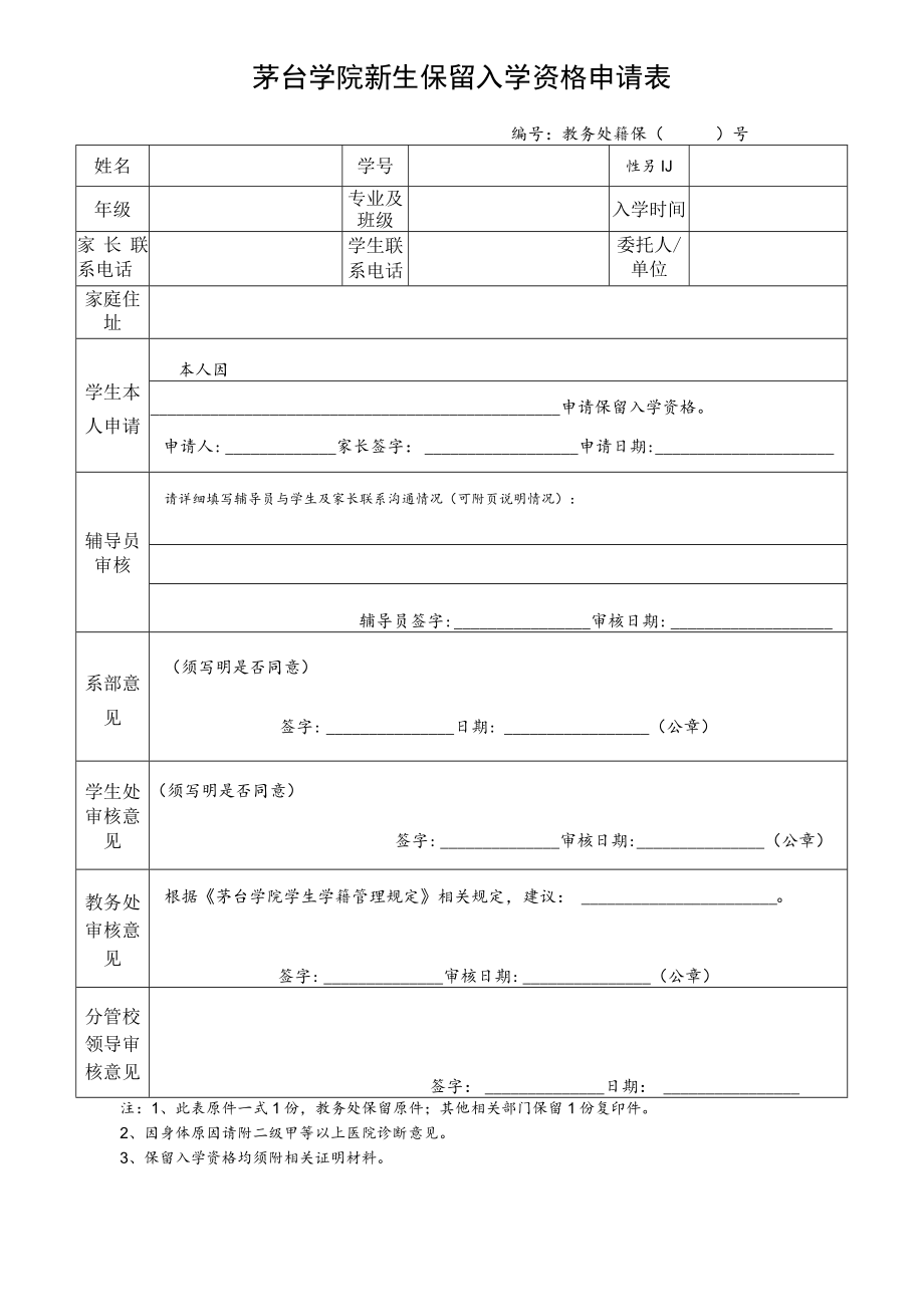 茅台学院新生保留入学资格申请表.docx_第1页