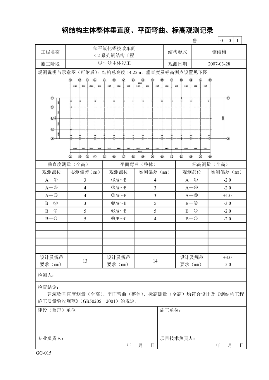 鲁gg015钢结构主体整体垂直度、平面弯曲、标高观测记录.doc_第1页