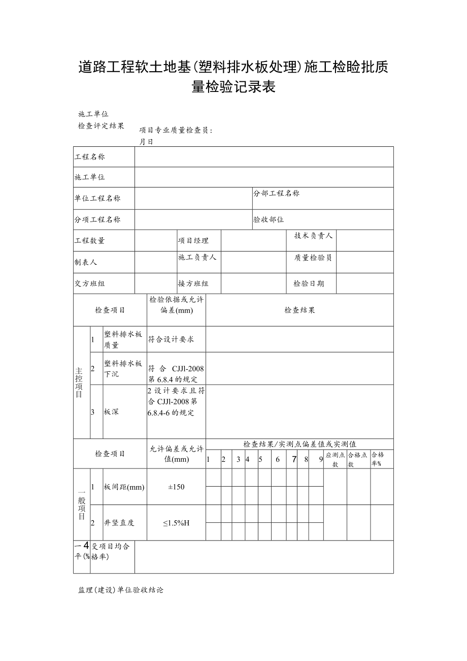 道路工程软土地基（塑料排水板处理）施工检验批质量检验记录表.docx_第1页