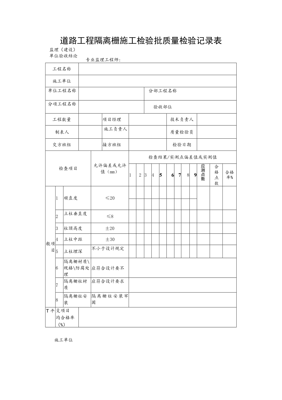 道路工程隔离栅施工检验批质量检验记录表.docx_第1页