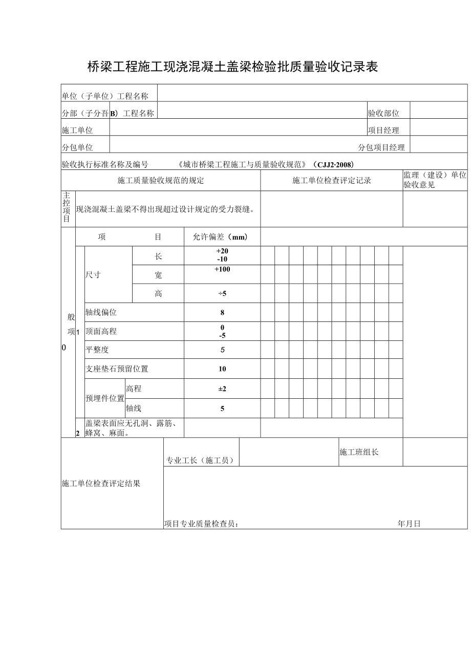 桥梁工程施工现浇混凝土盖梁检验批质量验收记录表.docx_第1页