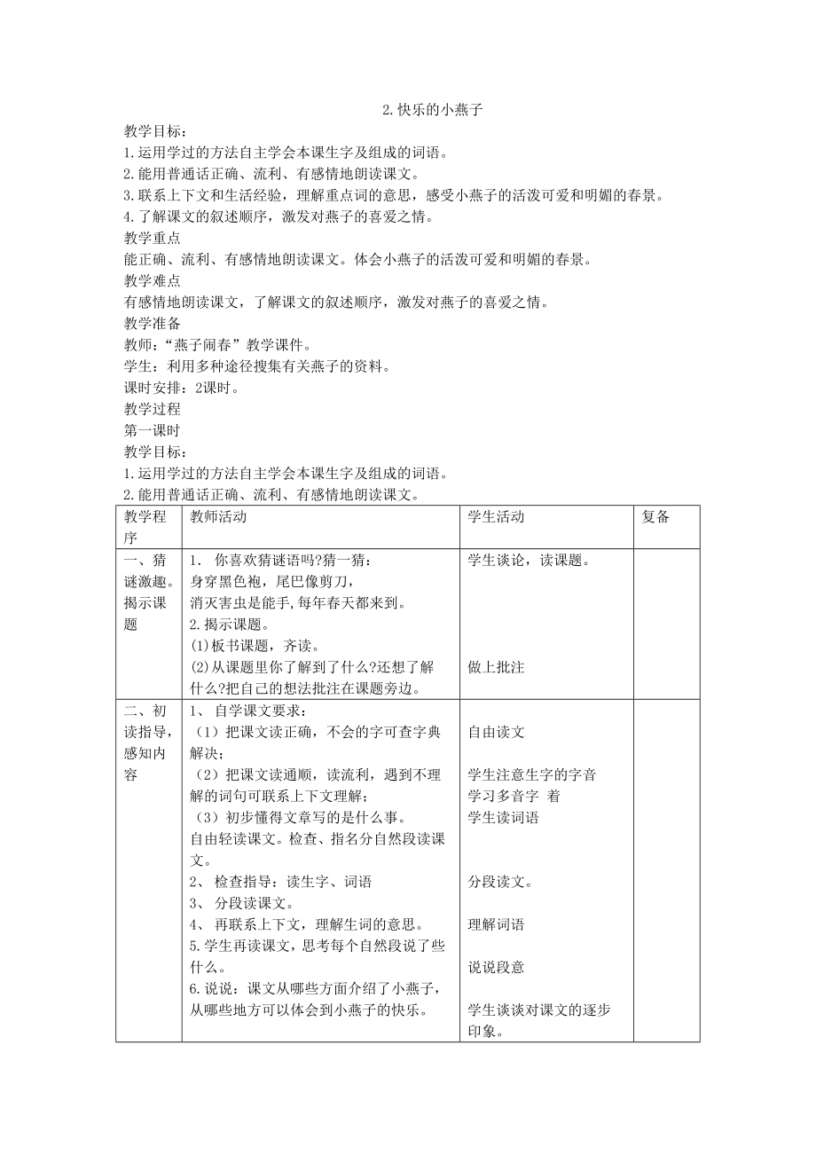 2.快乐的小燕子教案.doc_第1页