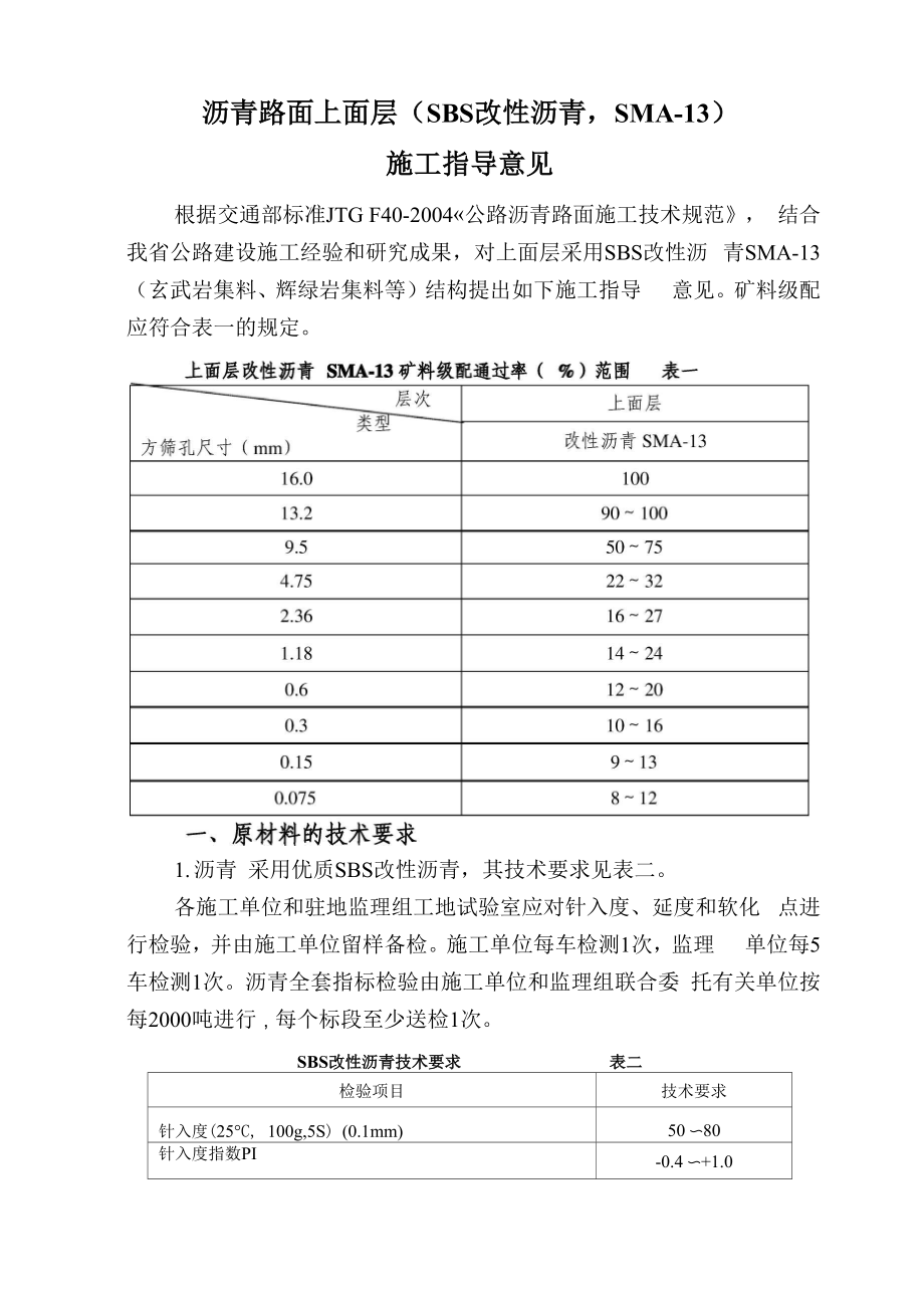 SMA13施工指导意见(SBS改性沥青).docx_第1页