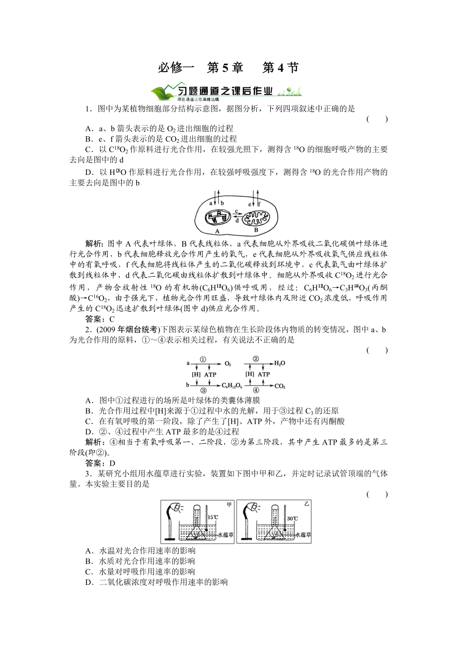 5.4能量之源──光与光合作用习题1.doc_第1页