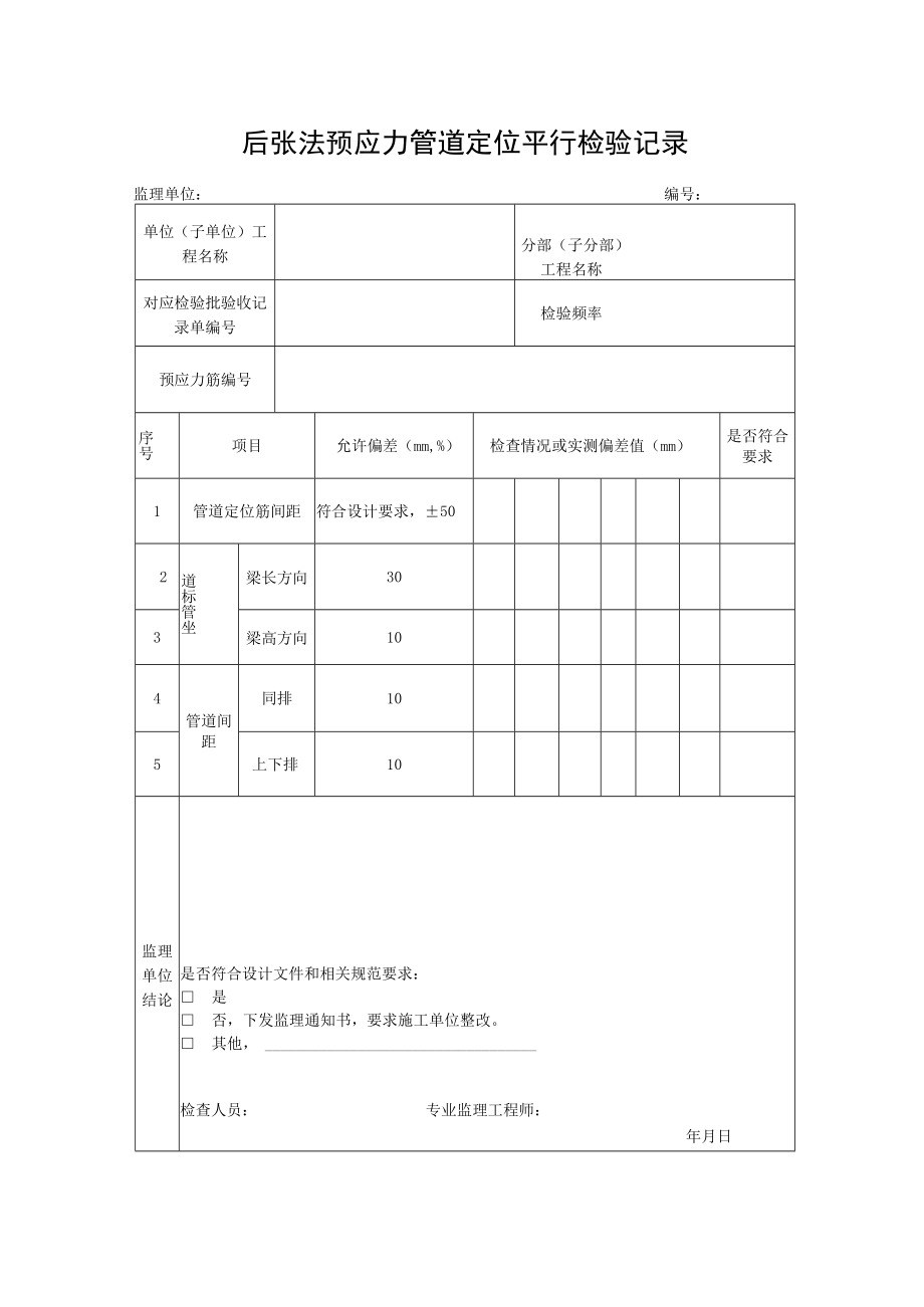 后张法预应力管道定位平行检验记录.docx_第1页