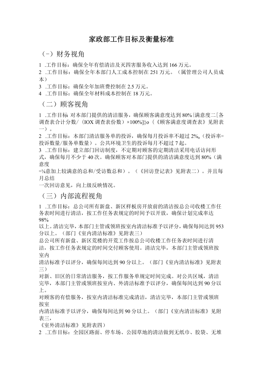 物业家政部工作目标及衡量标准.docx_第1页