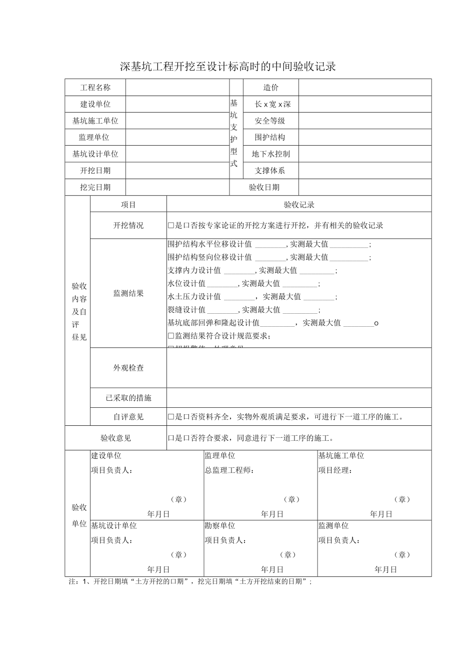 深基坑工程开挖至设计标高时的中间验收记录.docx_第1页