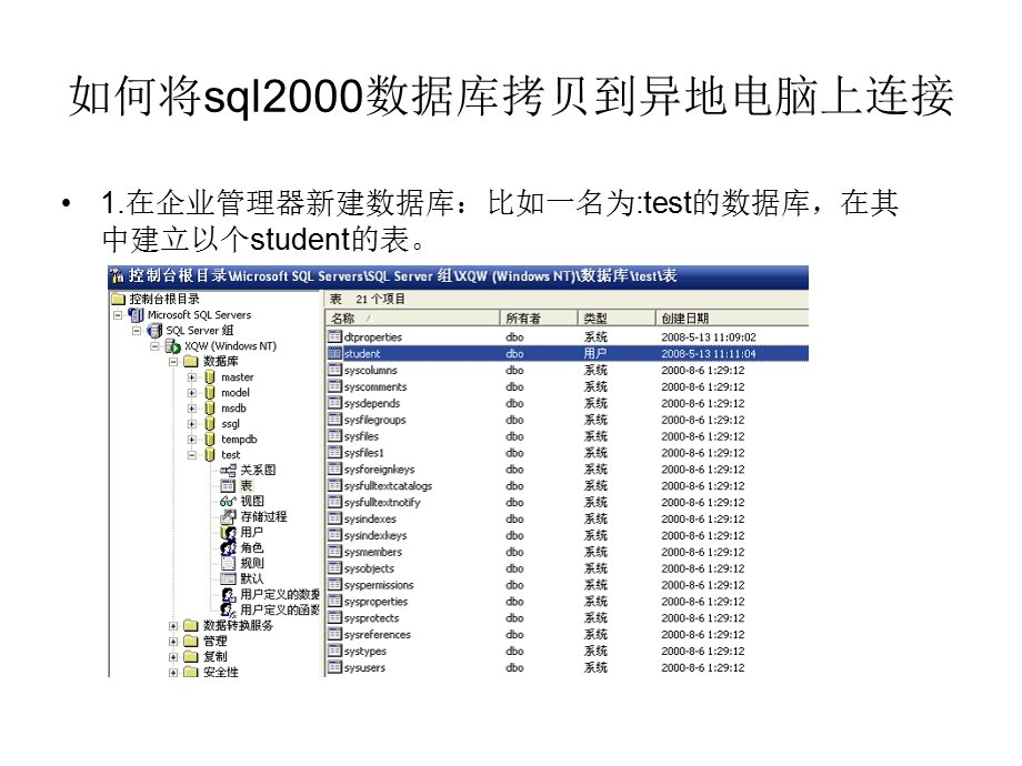 如何将sql2000数据库拷贝到异地电脑上连接.ppt_第1页