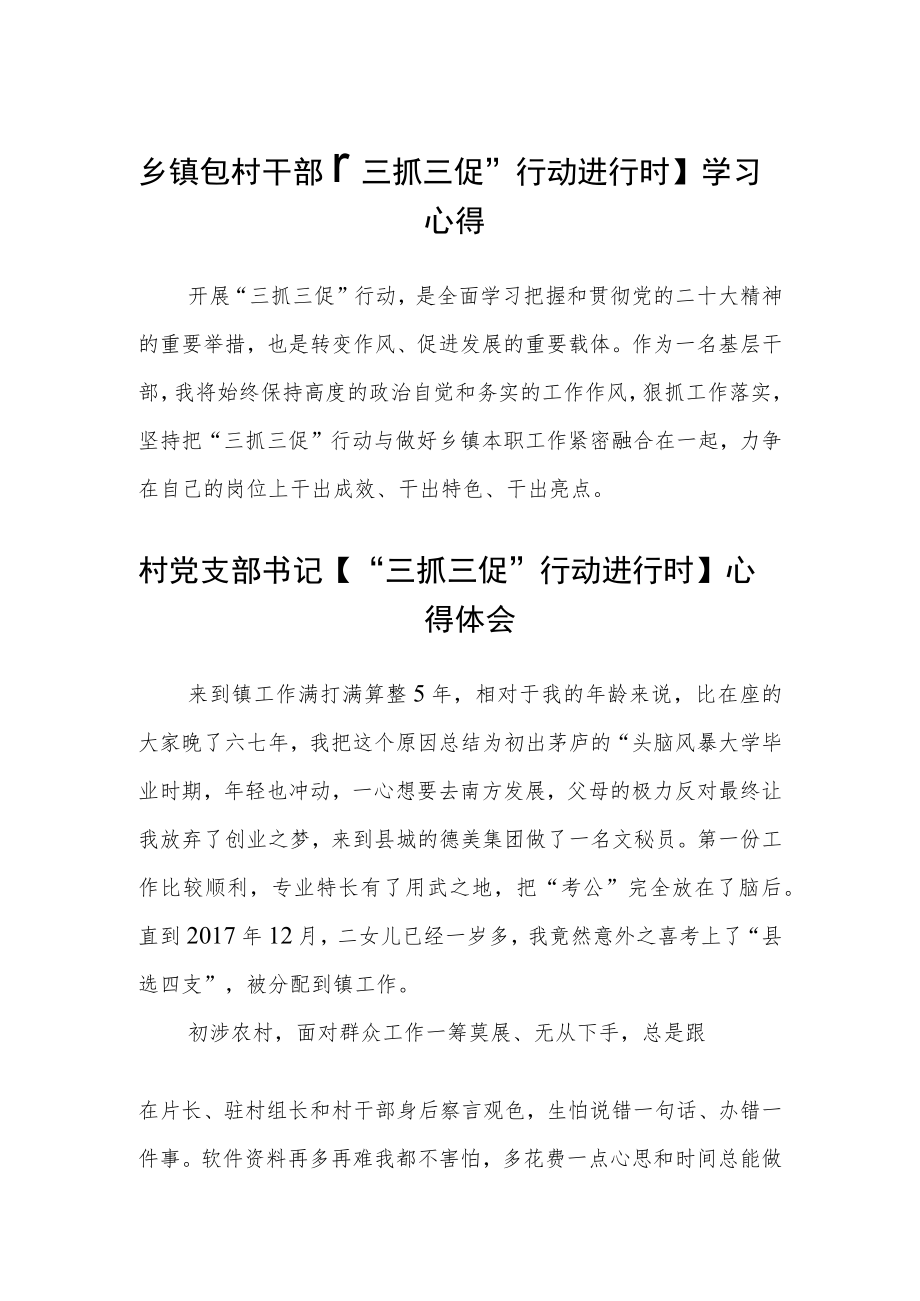 乡镇包村干部【“三抓三促”行动进行时】学习心得合篇【三篇】.docx_第1页