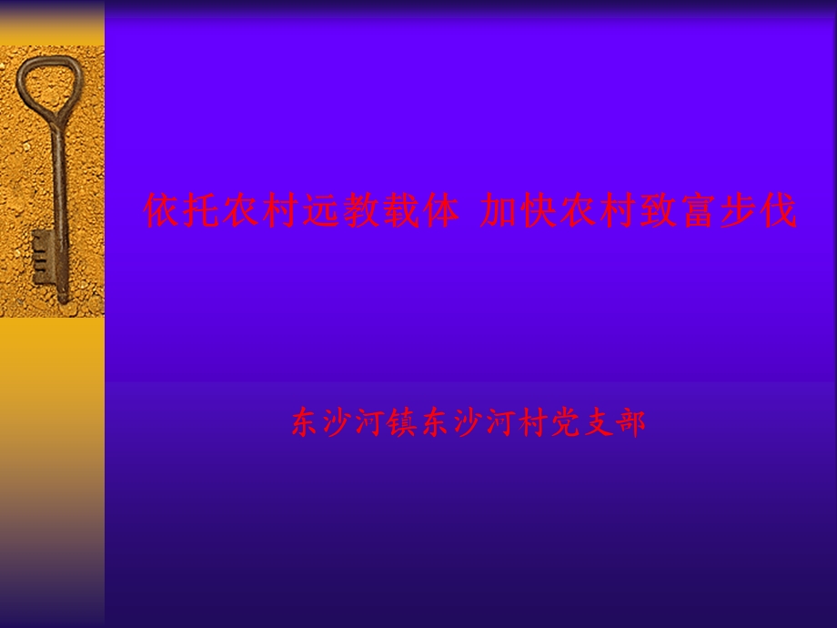 依托农村远教载体加快农村致富步伐东沙河镇东沙河村党支部.ppt_第1页