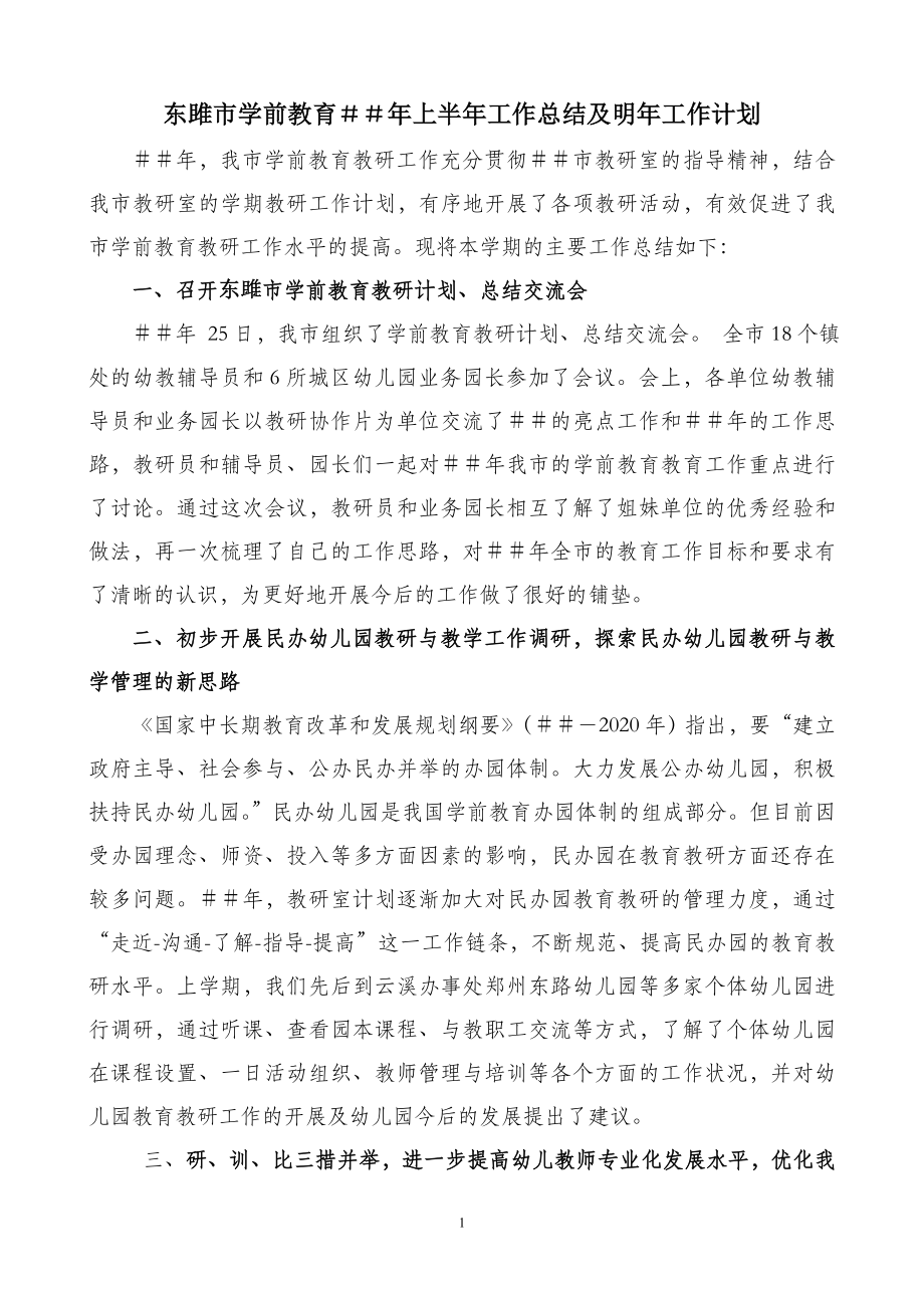 东雎市学前教育上半年工作总结及明年工作计划.doc_第1页