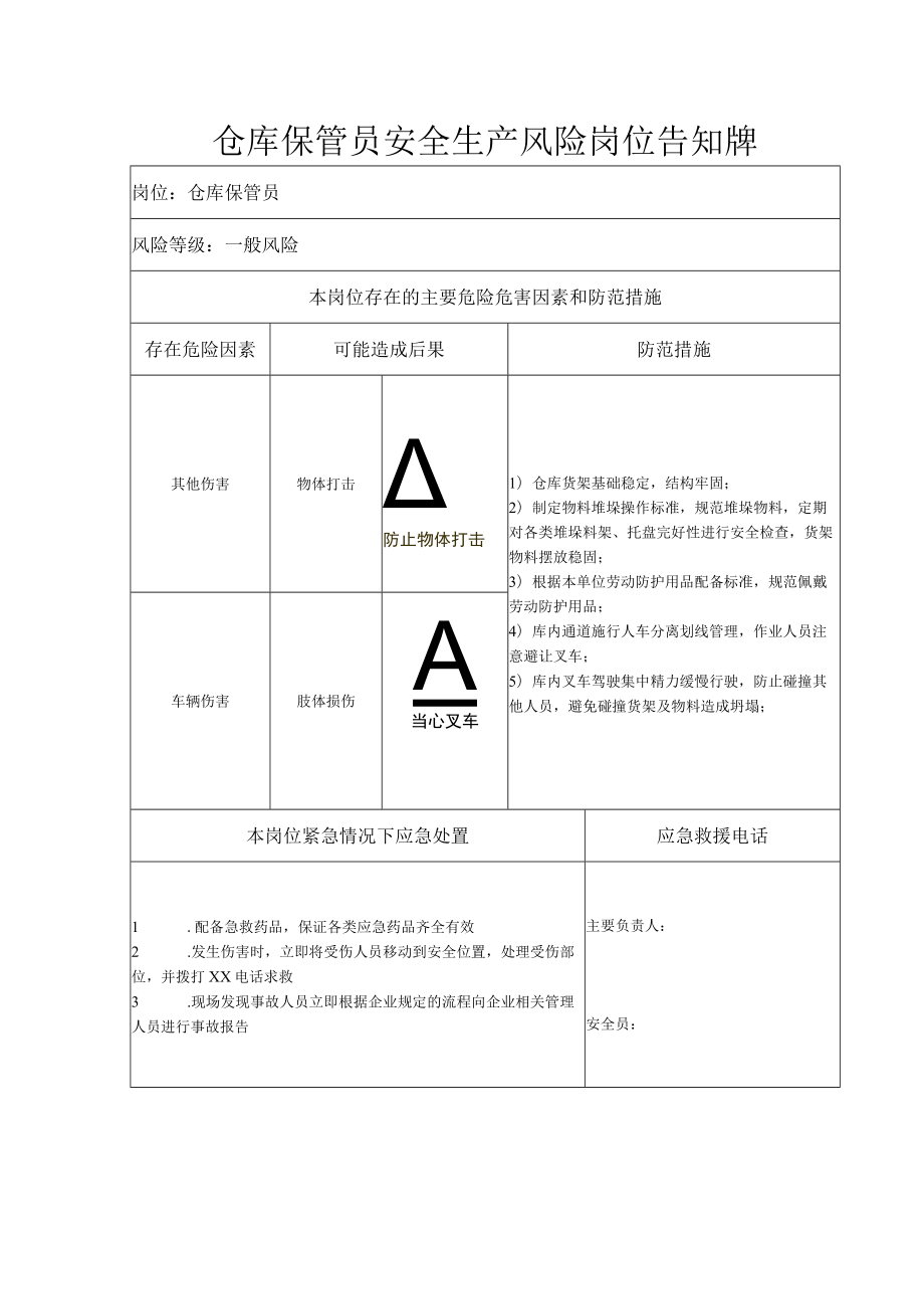 仓库保管员安全生产风险岗位告知牌.docx_第1页