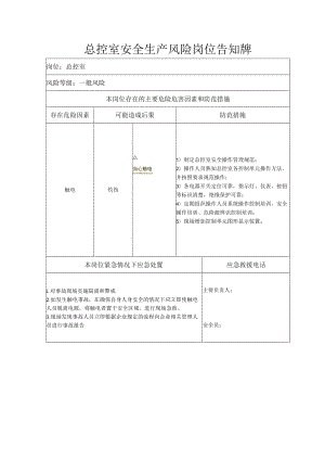 总控室安全生产风险岗位告知牌.docx