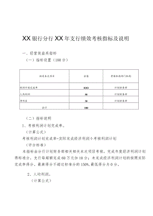 办公文档范本银行分行ⅩⅩ年支行绩效考核指标及说明.docx