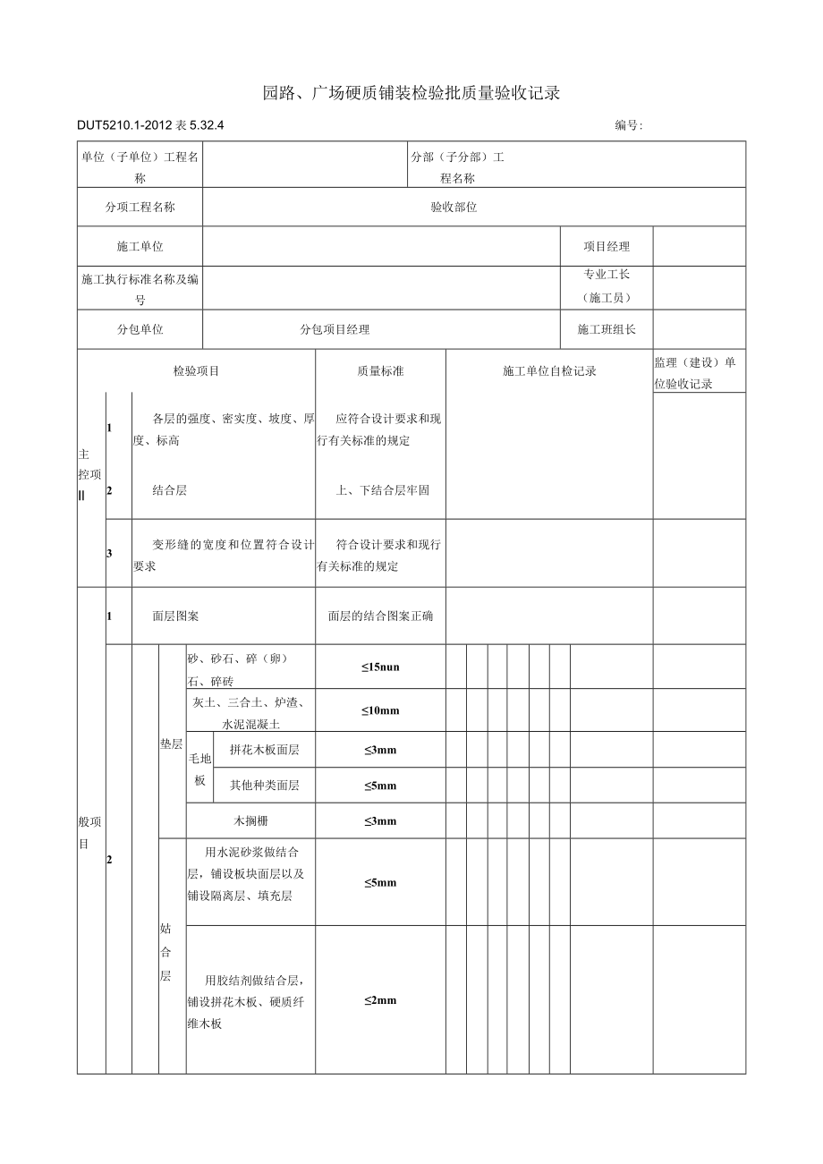 表5.32.4 园路、广场硬质铺装 检验批质量验收记录.docx_第1页