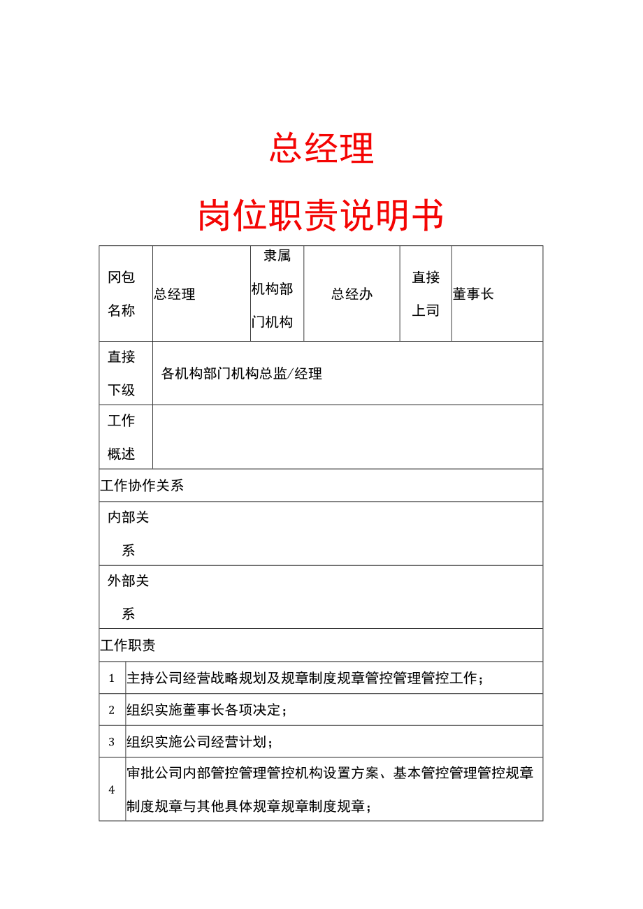 办公文档范本总经理岗位职责说明书.docx_第1页